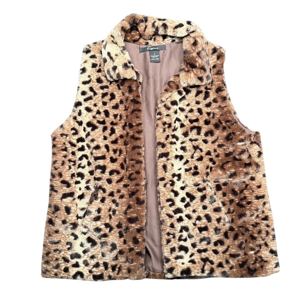 Cejon Faux Fur Leopard Print Vest Brown Black Medium Hook Eye Cozy Whimsigoth